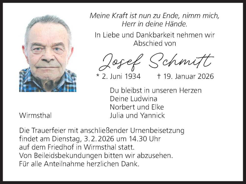  Traueranzeige für Josef Schmitt vom 31.01.2026 aus MGO