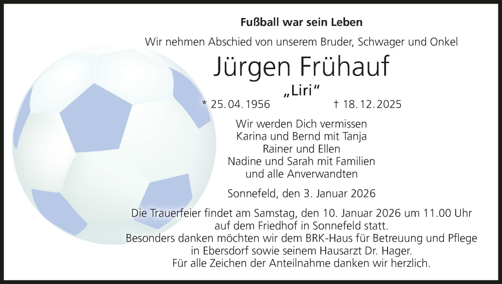  Traueranzeige für Jürgen Frühauf vom 03.01.2026 aus MGO