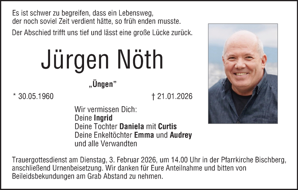  Traueranzeige für Jürgen Nöth vom 31.01.2026 aus MGO