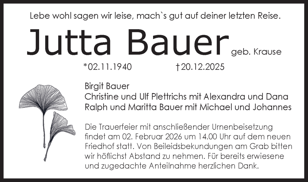  Traueranzeige für Jutta Bauer vom 03.01.2026 aus MGO