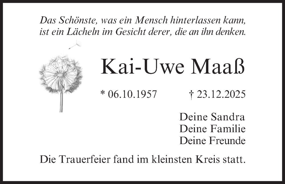  Traueranzeige für Kai-Uwe Maaß vom 24.01.2026 aus MGO