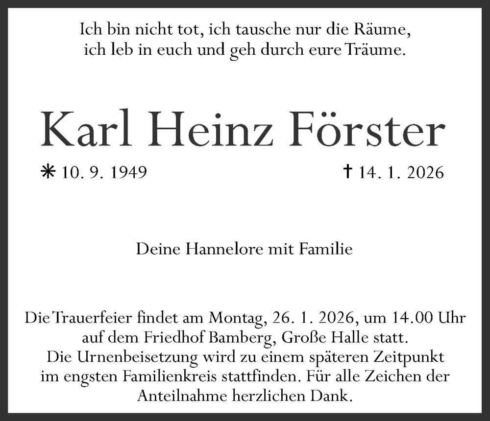  Traueranzeige für Karl Heinz Förster vom 24.01.2026 aus MGO
