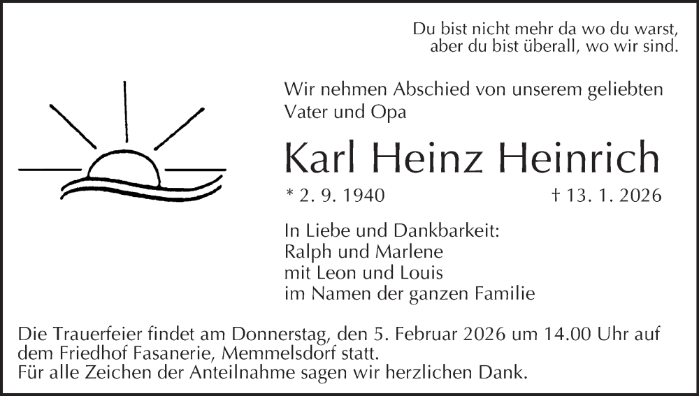  Traueranzeige für Karl Heinz Heinrich vom 31.01.2026 aus MGO