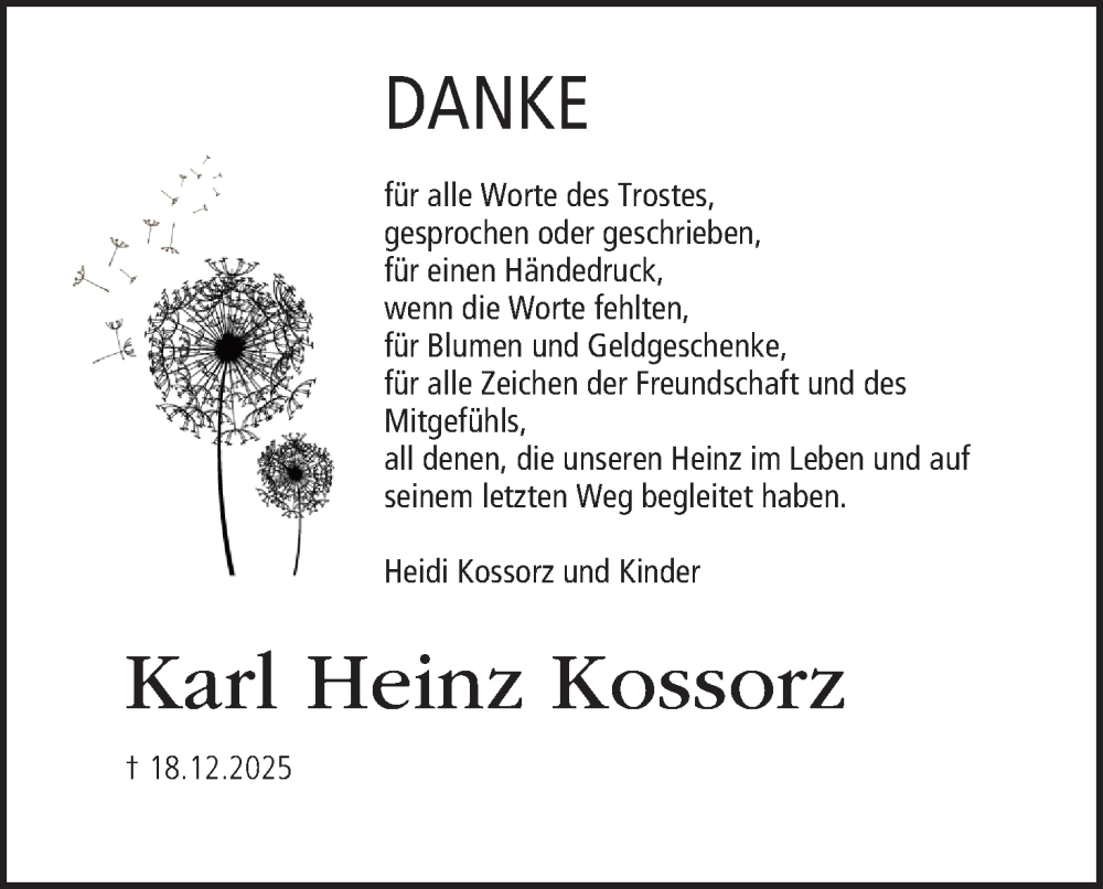  Traueranzeige für Karl Heinz Kossorz vom 10.01.2026 aus MGO