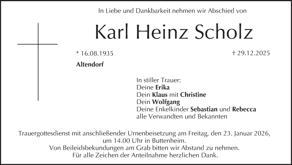  Traueranzeige für Karl Heinz Scholz vom 17.01.2026 aus MGO