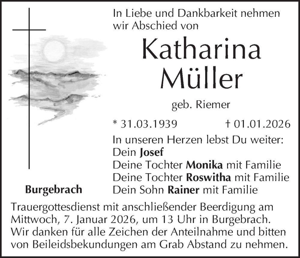  Traueranzeige für Katharina Müller vom 03.01.2026 aus MGO
