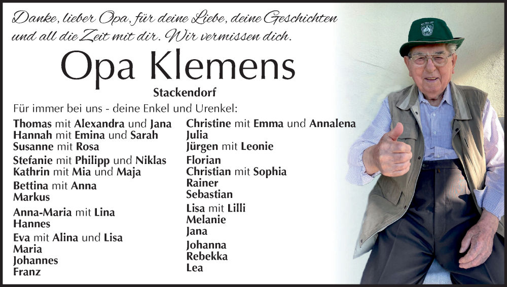  Traueranzeige für Klemens Schirner vom 03.01.2026 aus MGO