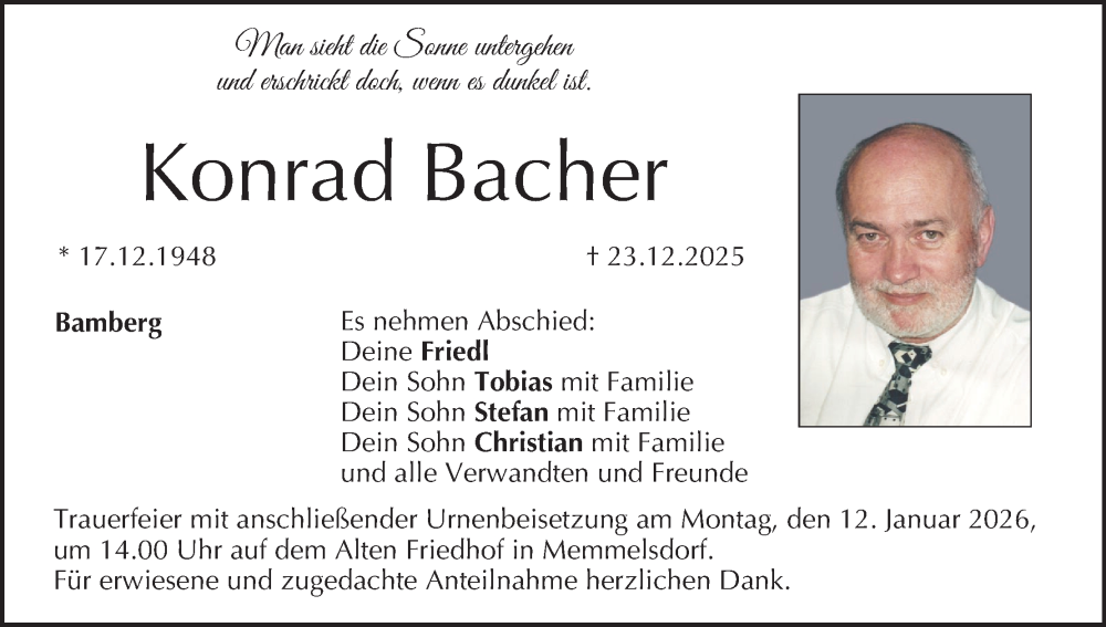  Traueranzeige für Konrad Bacher vom 03.01.2026 aus MGO