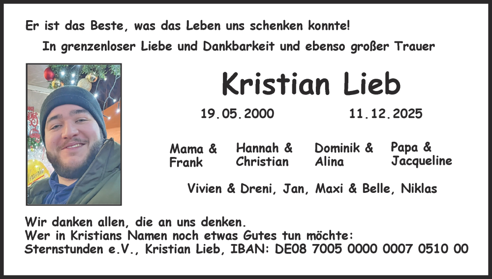  Traueranzeige für Kristian Lieb vom 17.01.2026 aus MGO