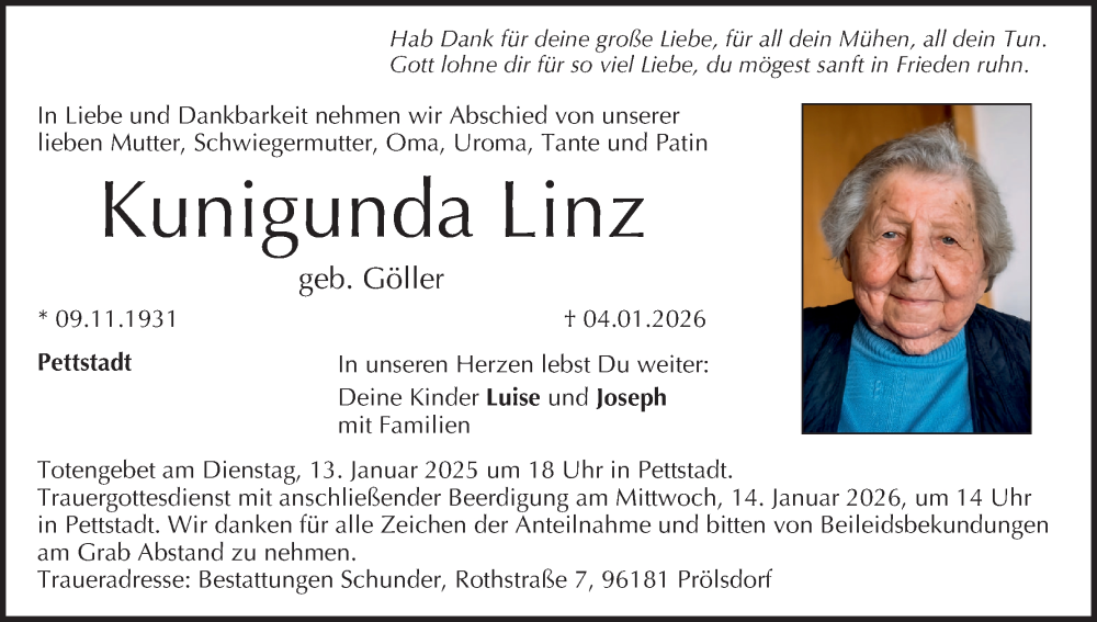  Traueranzeige für Kunigunda Linz vom 10.01.2026 aus MGO