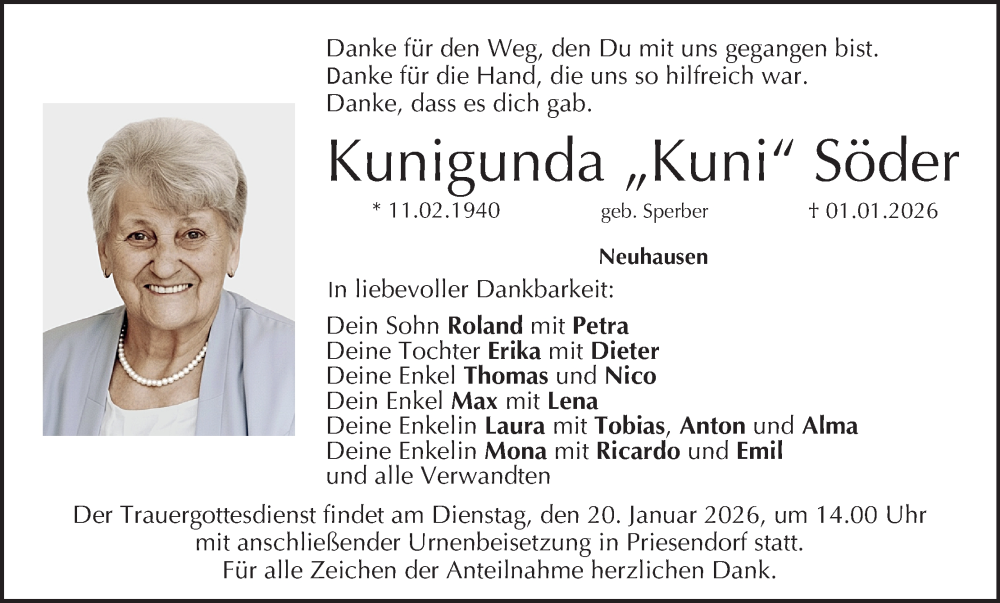  Traueranzeige für Kunigunda Söder vom 17.01.2026 aus MGO