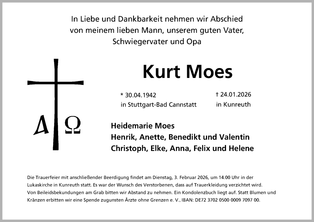  Traueranzeige für Kurt Moes vom 31.01.2026 aus MGO