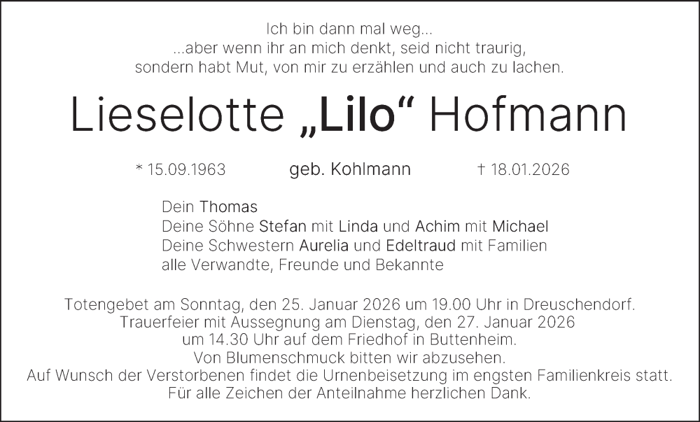 Traueranzeige für Lieselotte Hofmann vom 24.01.2026 aus MGO