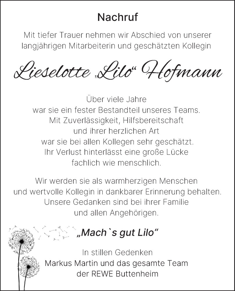  Traueranzeige für Lieselotte Hofmann vom 24.01.2026 aus MGO