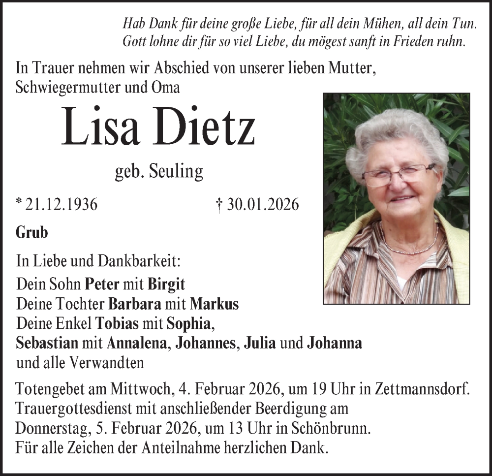  Traueranzeige für Lisa Dietz vom 31.01.2026 aus MGO