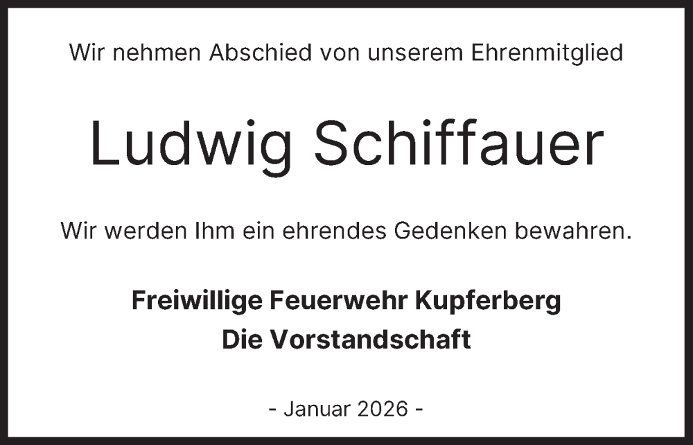 Traueranzeige für Ludwig Schiffauer vom 31.01.2026 aus MGO