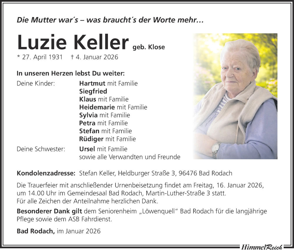  Traueranzeige für Luzie Keller vom 10.01.2026 aus MGO