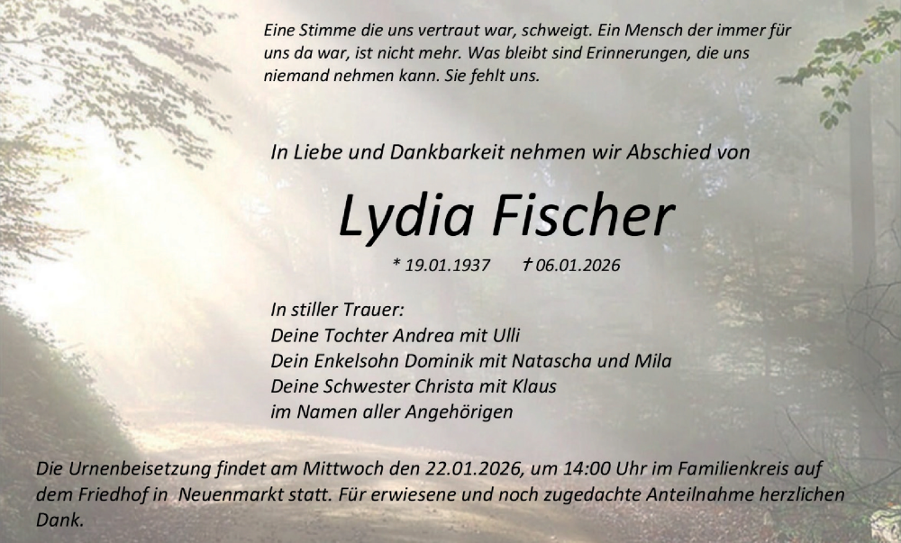  Traueranzeige für Lydia Fischer vom 20.01.2026 aus MGO
