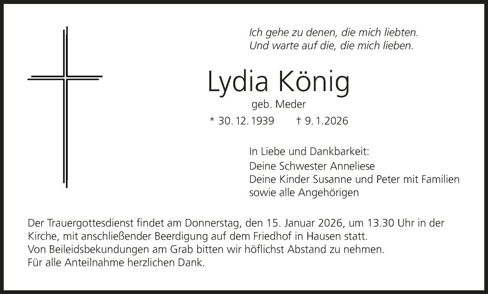  Traueranzeige für Lydia König vom 13.01.2026 aus MGO