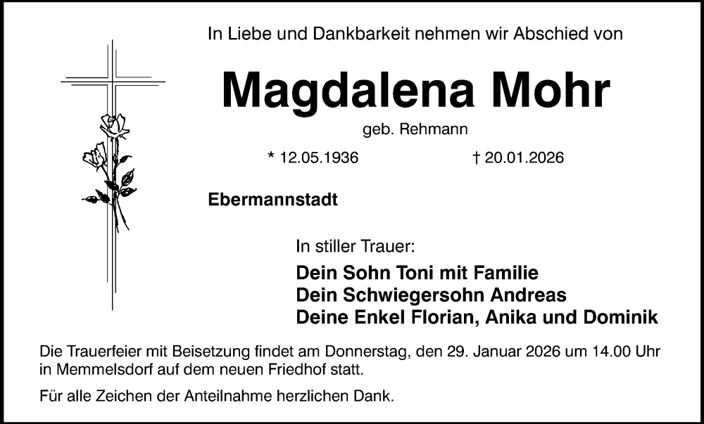  Traueranzeige für Magdalena Mohr vom 24.01.2026 aus MGO