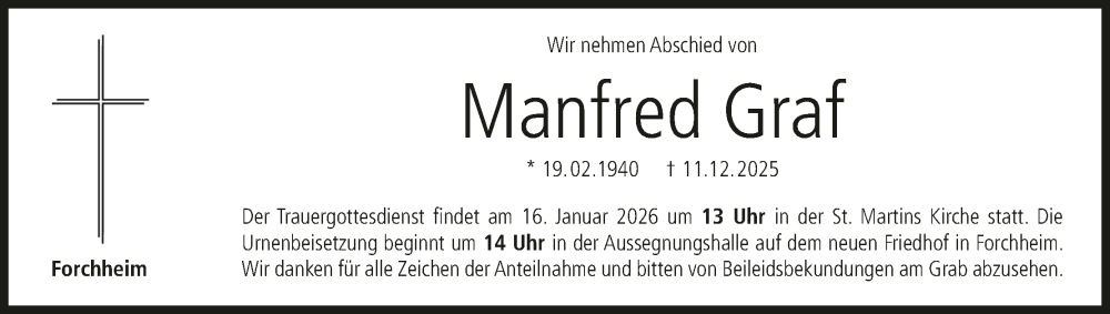  Traueranzeige für Manfred Graf vom 10.01.2026 aus MGO
