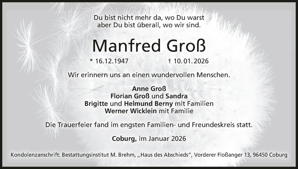 Traueranzeige für Manfred Groß vom 24.01.2026 aus MGO