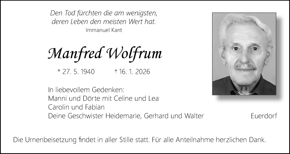  Traueranzeige für Manfred Wolfrum vom 24.01.2026 aus MGO