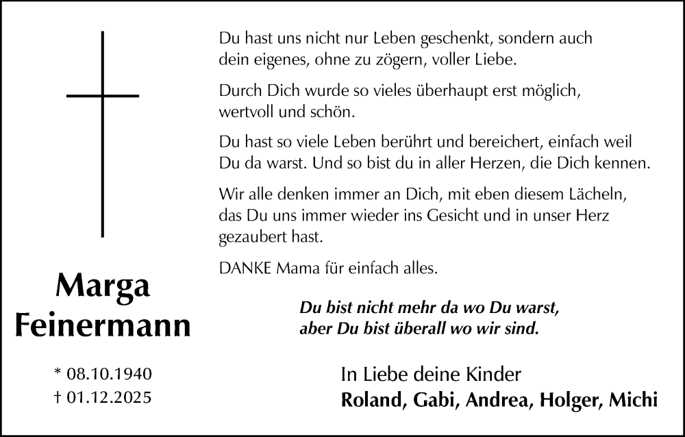  Traueranzeige für Marga Feinermann vom 24.01.2026 aus MGO