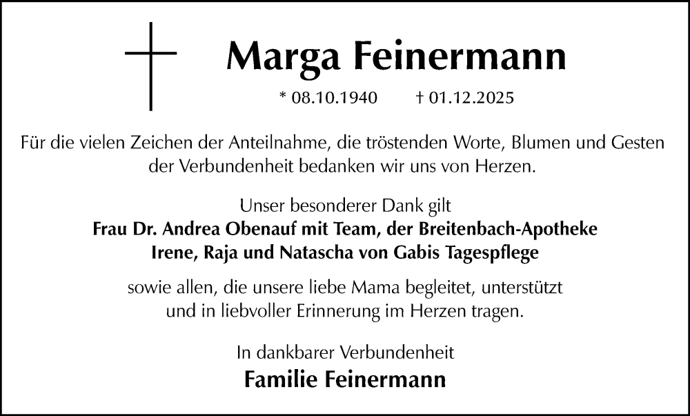  Traueranzeige für Marga Feinermann vom 24.01.2026 aus MGO