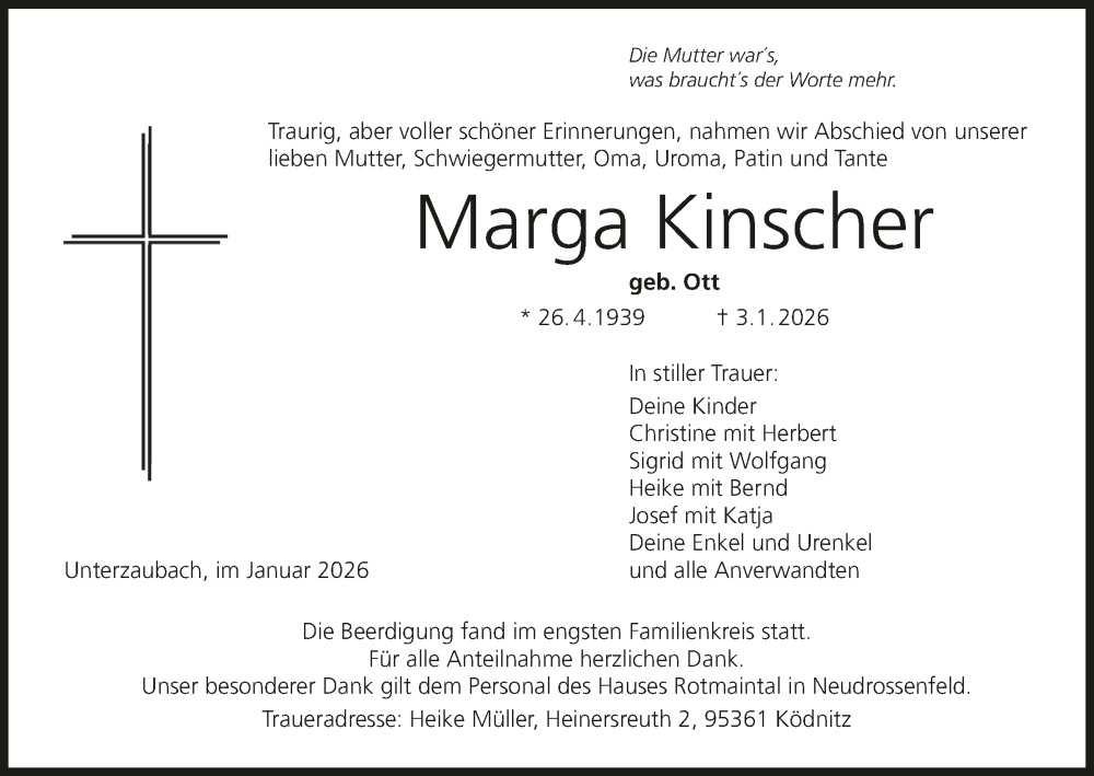  Traueranzeige für Marga Kinscher vom 17.01.2026 aus MGO