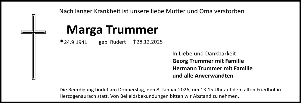  Traueranzeige für Marga Trummer vom 03.01.2026 aus MGO