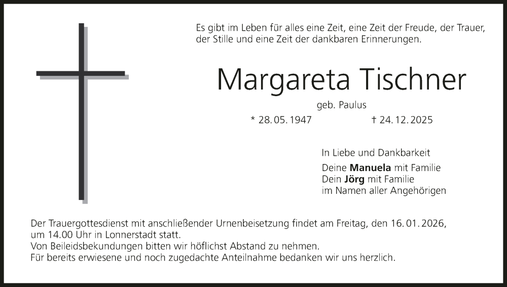 Traueranzeige für Margareta Tischner vom 15.01.2026 aus MGO
