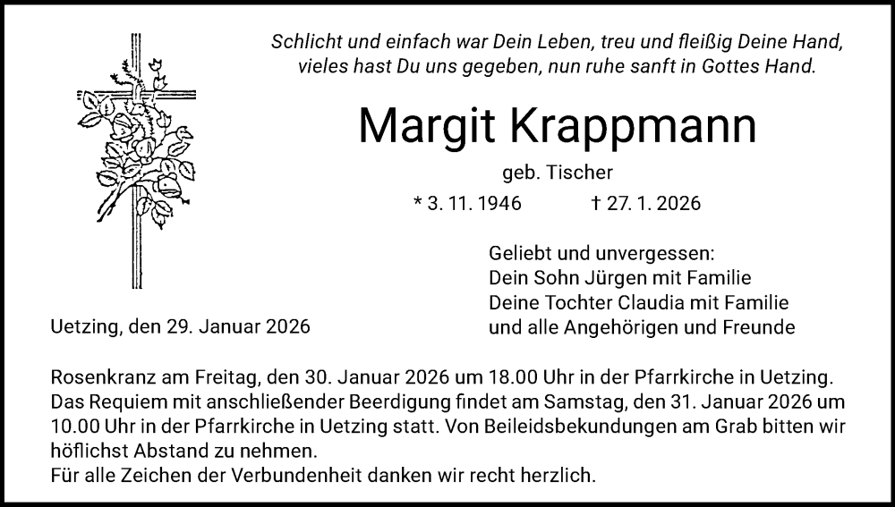  Traueranzeige für Margit Krappmann vom 29.01.2026 aus MGO