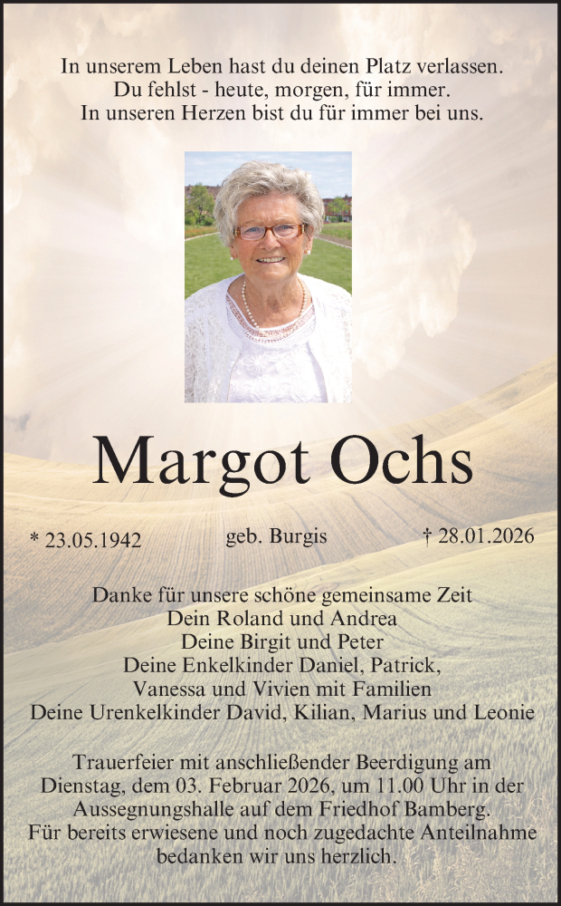  Traueranzeige für Margot Ochs vom 31.01.2026 aus MGO
