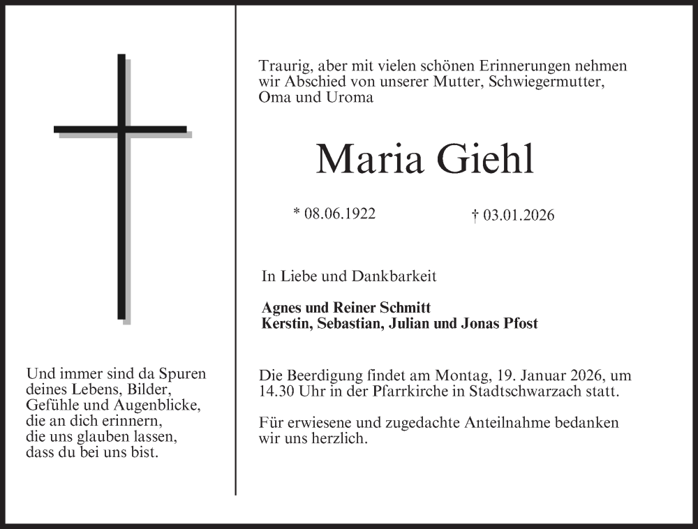  Traueranzeige für Maria Giehl vom 12.01.2026 aus MGO