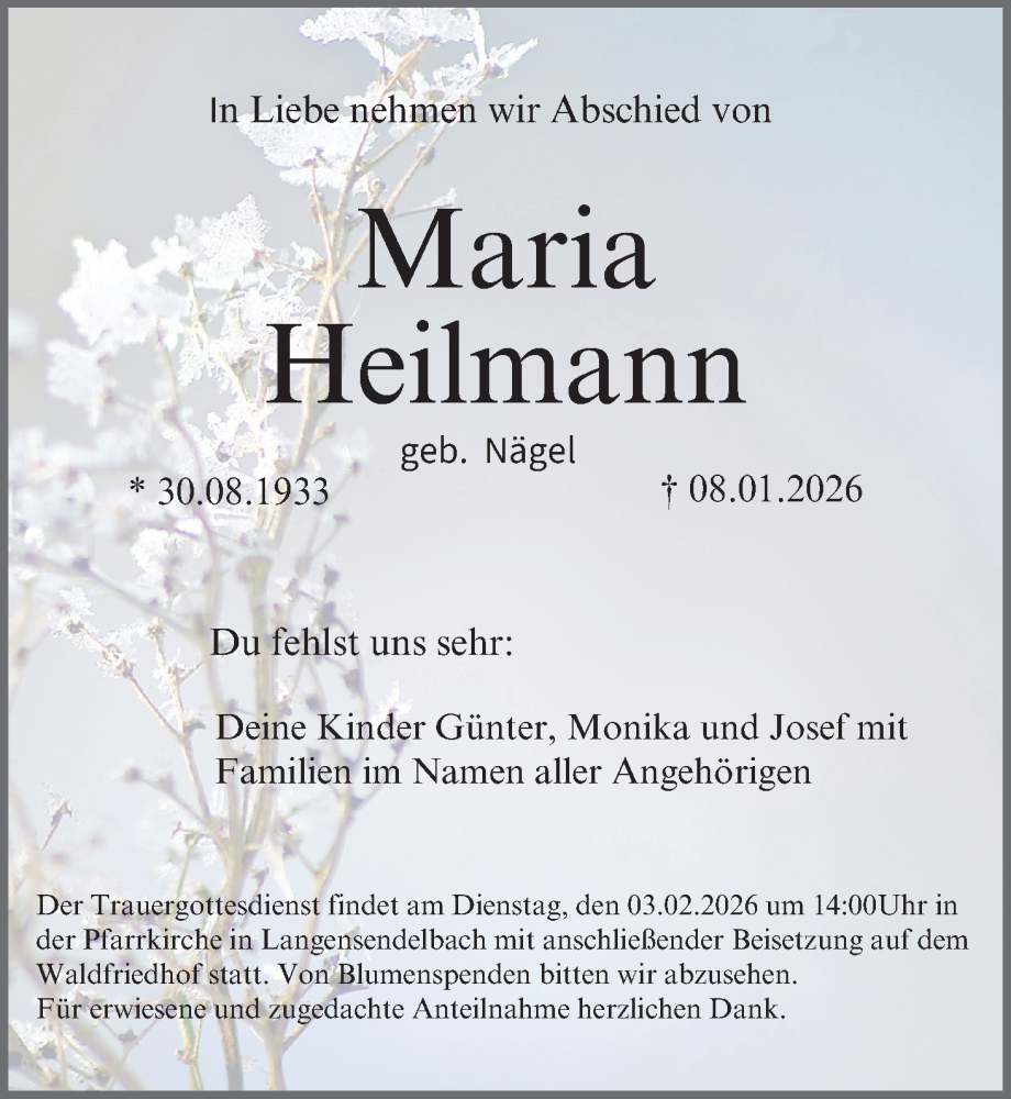  Traueranzeige für Maria Heilmann vom 31.01.2026 aus MGO