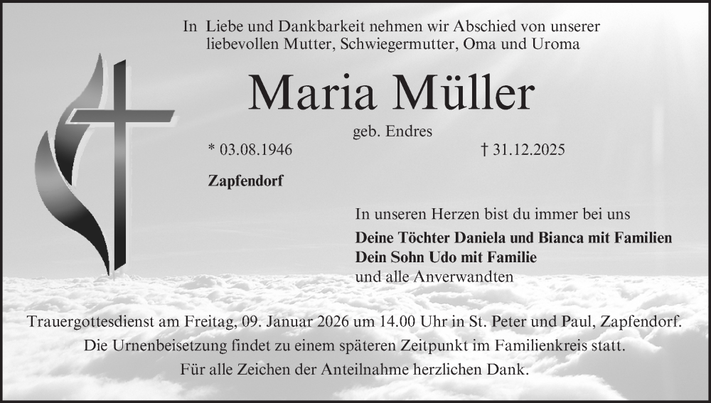  Traueranzeige für Maria Müller vom 07.01.2026 aus MGO