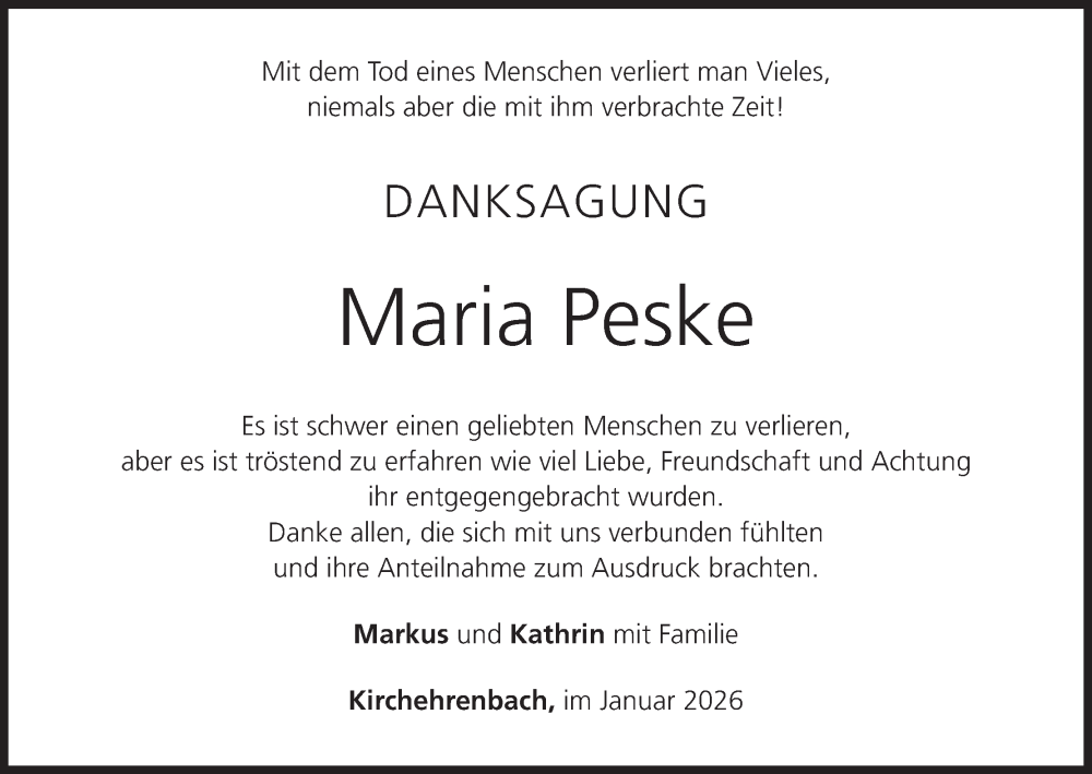  Traueranzeige für Maria Peske vom 10.01.2026 aus MGO