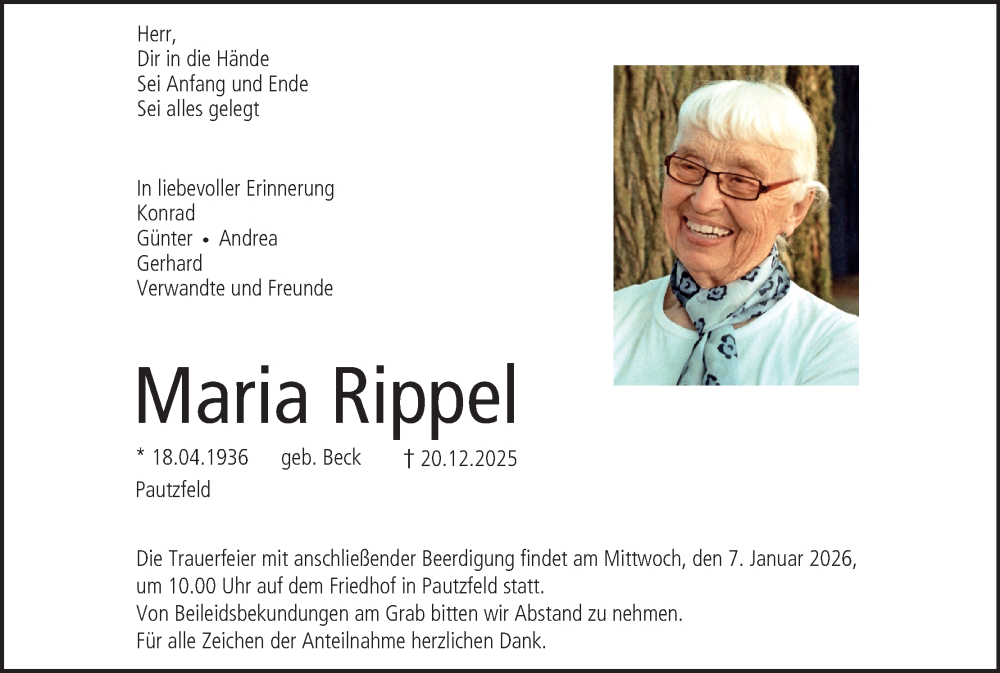  Traueranzeige für Maria Rippel vom 03.01.2026 aus MGO