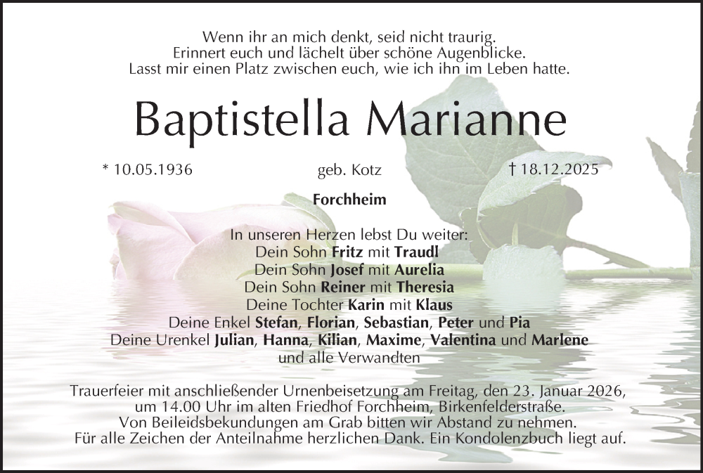  Traueranzeige für Marianne Baptistella vom 17.01.2026 aus MGO
