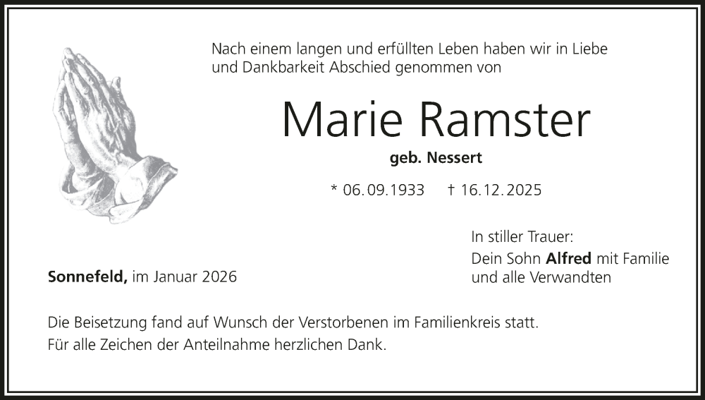  Traueranzeige für Marie Ramster vom 17.01.2026 aus MGO