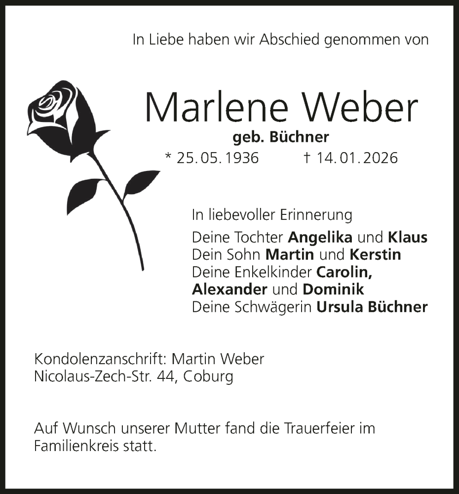  Traueranzeige für Marlene Weber vom 31.01.2026 aus MGO