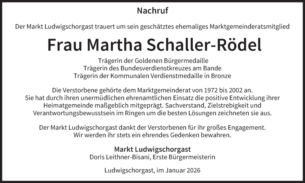  Traueranzeige für Martha Schaller-Rödel vom 24.01.2026 aus MGO