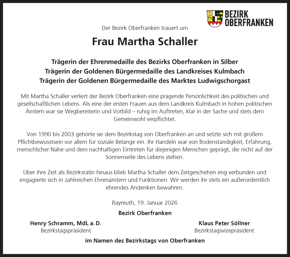  Traueranzeige für Martha Schaller vom 24.01.2026 aus MGO