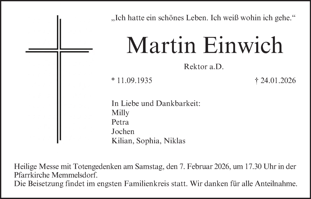  Traueranzeige für Martin Einwich vom 31.01.2026 aus MGO