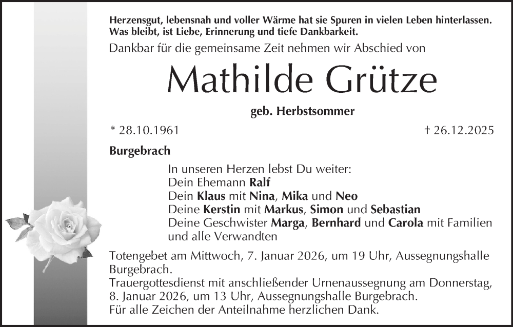  Traueranzeige für Mathilde Grütze vom 03.01.2026 aus MGO