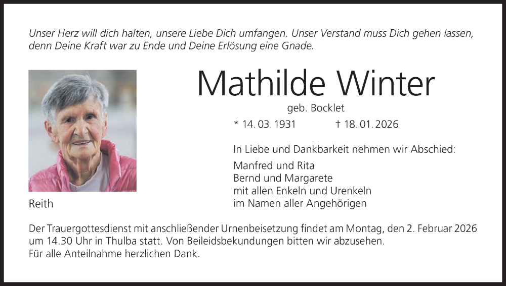  Traueranzeige für Mathilde Winter vom 24.01.2026 aus MGO