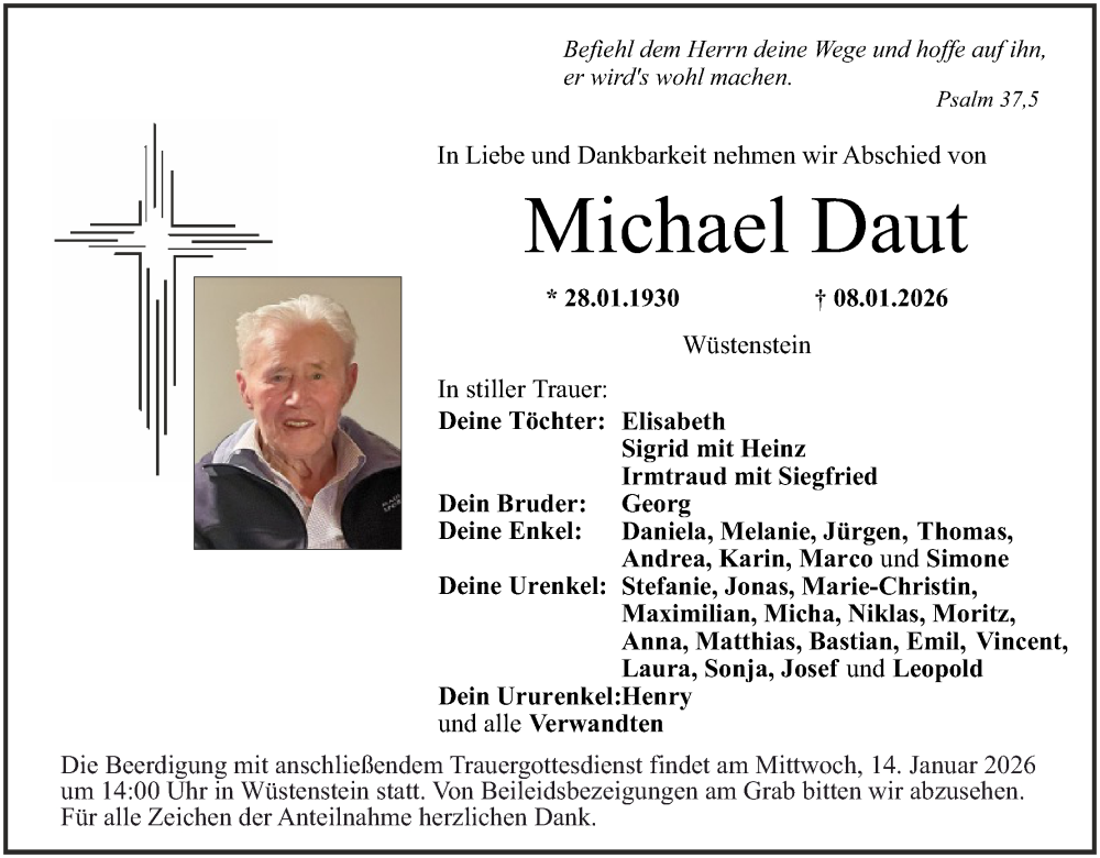  Traueranzeige für Michael Daut vom 13.01.2026 aus MGO