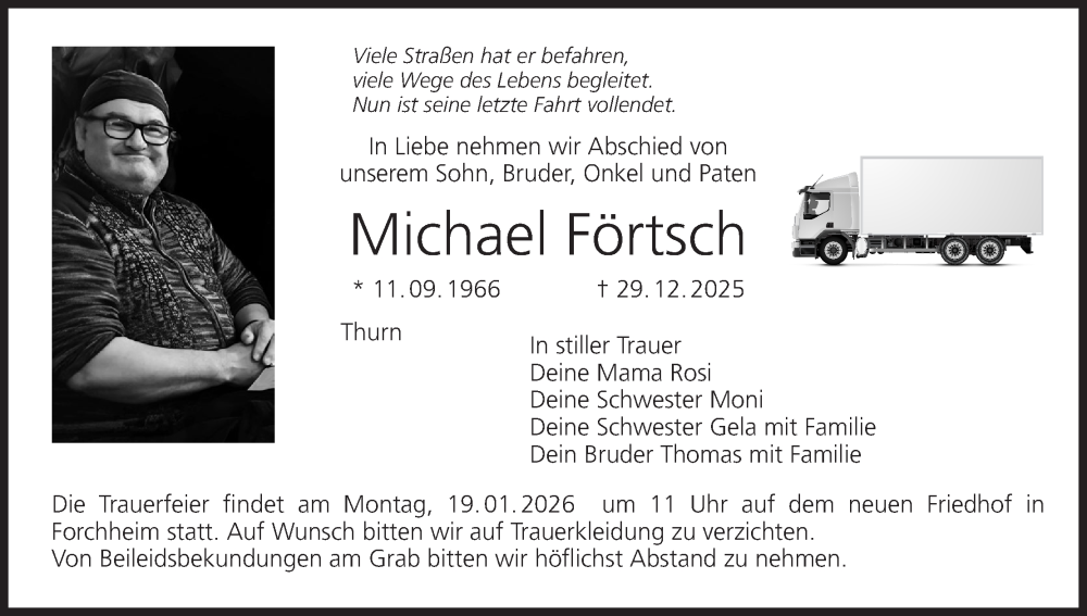  Traueranzeige für Michael Förtsch vom 17.01.2026 aus MGO