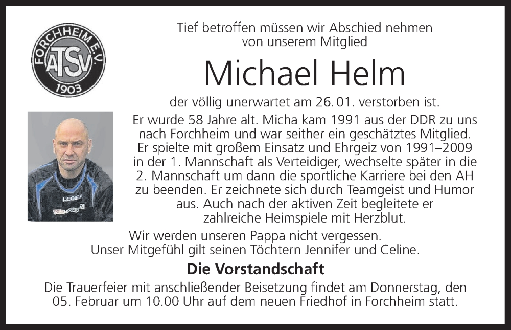  Traueranzeige für Michael Helm vom 31.01.2026 aus MGO